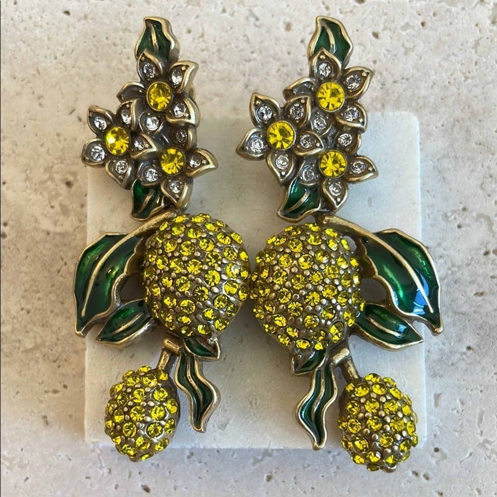 Yellow Green Crystal Floral Drop Earrings Statement Lemon Fruit Rhinestone Vinta